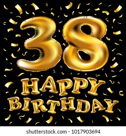 vector happy birthday 38th celebration gold balloons and golden confetti glitters. 3d Illustration design for your greeting card, invitation and Celebration party of thirty eight 38 years