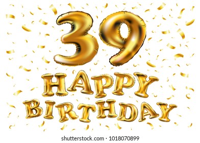 vector happy birthday 39th celebration gold balloons and golden confetti glitters. 3d Illustration design for your greeting card, invitation and Celebration party of thirty nine 39 years