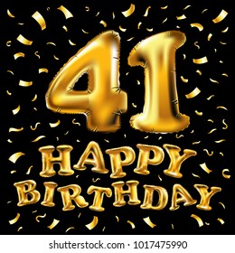 vector happy birthday 41th celebration gold balloons and golden confetti glitters. 3d Illustration design for your greeting card, invitation and Celebration party of forty one 41 years