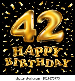 vector happy birthday 42th celebration gold balloons and golden confetti glitters. 3d Illustration design for your greeting card, invitation and Celebration party of forty two 42 years
