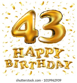 vector happy birthday 43th celebration gold balloons and golden confetti glitters. 3d Illustration design for your greeting card, invitation and Celebration party of forty three 43 years