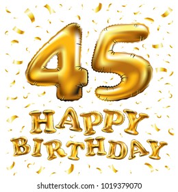 vector happy birthday 45th celebration gold balloons and golden confetti glitters. 3d Illustration design for your greeting card, invitation and Celebration party of Forty five 45 years