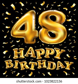 vector happy birthday 48th celebration gold balloons and golden confetti glitters. 3d Illustration design for your greeting card, invitation and Celebration party of forty eight 48 years