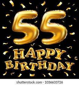 vector happy birthday 55th celebration gold balloons and golden confetti glitters. 3d Illustration design for your greeting card, invitation and Celebration party of fifty five 55 years black art