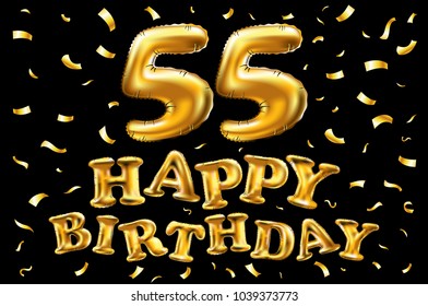 vector happy birthday 55th celebration gold balloons and golden confetti glitters. 3d Illustration design for your greeting card, invitation and Celebration party of fifty five 55 years black art