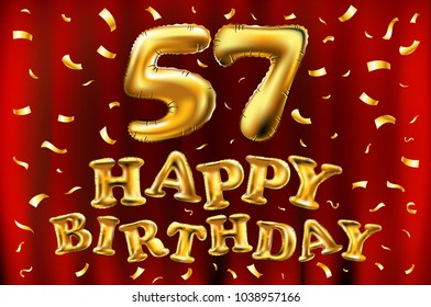 vector happy birthday 57th celebration gold balloons and golden confetti glitters. 3d Illustration design for your greeting card, invitation and Celebration party of fifty seven 57 years red curtain