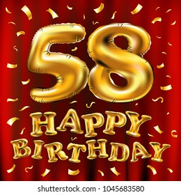 vector happy birthday 58th celebration gold balloons and golden confetti glitters. 3d Illustration design for your greeting card, invitation and Celebration party of fifty eight 58 years red curtain