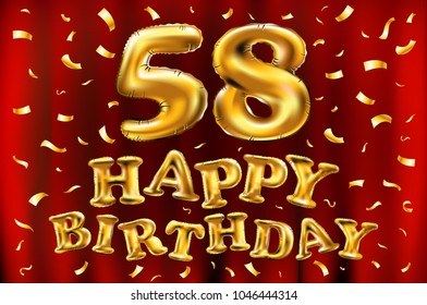 vector happy birthday 58th celebration gold balloons and golden confetti glitters. Illustration design for your greeting card, invitation and Celebration party of fifty eight 58 years red curtain