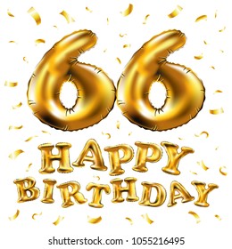 vector happy birthday 66th celebration gold balloons and golden confetti glitters. 3d Illustration design for your greeting card, invitation and Celebration party of sixty six 66 years white art