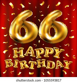 vector happy birthday 66th celebration gold balloons and golden confetti glitters. 3d Illustration design for your greeting card, invitation and Celebration party of sixty six 66 years red curtain