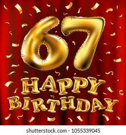 vector happy birthday 67th celebration gold balloons and golden confetti glitters. 3d Illustration design for your greeting card, invitation and Celebration party sixty seven 67 years red curtain art