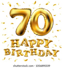 vector happy birthday 70th celebration gold balloons and golden confetti glitters. 3d Illustration design for your greeting card, invitation and Celebration party of seventy 70 years white art