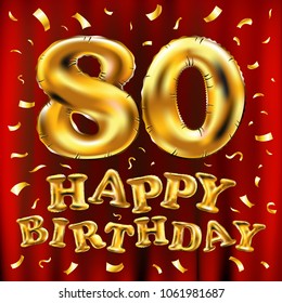 vector happy birthday 80th celebration gold balloons and golden confetti glitters. 3d Illustration design for your greeting card, invitation and Celebration party of eighty 80 years red curtain art