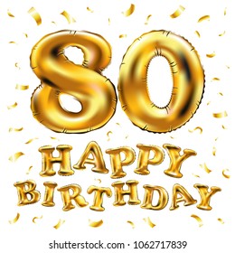 vector happy birthday 80th celebration gold balloons and golden confetti glitters. 3d Illustration design for your greeting card, invitation and Celebration party of eighty 80 years white art