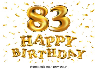 vector happy birthday 83th celebration gold balloons and golden confetti glitters. 3d Illustration design for your greeting card, invitation and Celebration party of eighty three 83 years white art