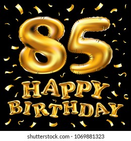 vector happy birthday 85th celebration gold balloons and golden confetti glitters. 3d Illustration design for your greeting card, invitation and Celebration party of eighty five 85 years black art