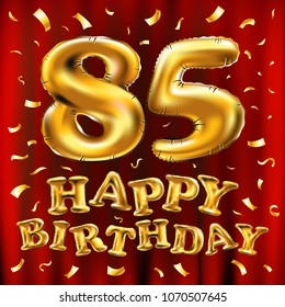 vector happy birthday 85th celebration gold balloons and golden confetti glitters. 3d Illustration design for your greeting card, invitation and Celebration party eighty five 85 years red curtain art