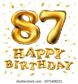 vector happy birthday 87th celebration gold balloons and golden confetti glitters. 3d Illustration design for your greeting card, invitation and Celebration party of eighty seven 87 years white art