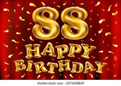 vector happy birthday 88th celebration gold balloons and golden confetti glitters. 3d Illustration design for your greeting card, invitation and Celebration party eighty eight 88 years red curtain art