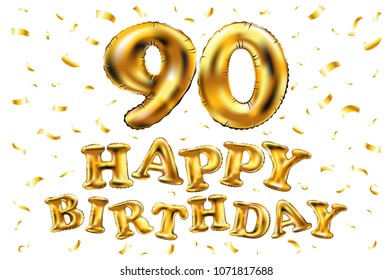 vector happy birthday 90th celebration gold balloons and golden confetti glitters. 3d Illustration design for your greeting card, invitation and Celebration party of ninety 90 years white art