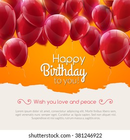 Vector happy birthday anniversary card with red balloons, party invitation, carnival celebration background. Greeting balloons