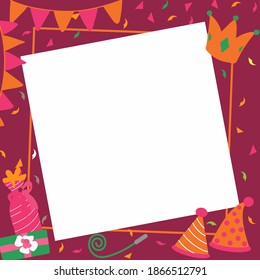 Vector Feliz cumpleaños, antecedentes. Dulces de cumpleaños dibujados a mano, explosiones de fiesta, sombreros de fiesta, cajas de regalo y arcos, guirnaldas y globos, notas de música y fuegos artificiales, velas en pastel de cumpleaños.