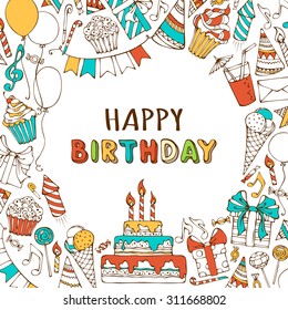 Vector Happy Birthday background. Hand-drawn Birthday sweets, party blowouts, party hats, gift boxes and bows, garlands and balloons, music notes and firework, candles on birthday pie.