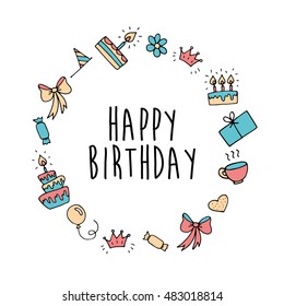 Vector Happy Birthday background. Hand-drawn Birthday sweets, party blowouts, party hats, gift boxes and bows, garlands and balloons, music notes and firework, candles on birthday pie.