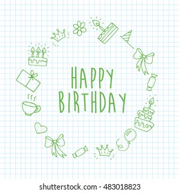Vector Happy Birthday background. Hand-drawn Birthday sweets, party blowouts, party hats, gift boxes and bows, garlands and balloons, music notes and firework, candles on birthday pie.