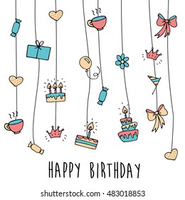 Vector Happy Birthday background. Hand-drawn Birthday sweets, party blowouts, party hats, gift boxes and bows, garlands and balloons, music notes and firework, candles on birthday pie.