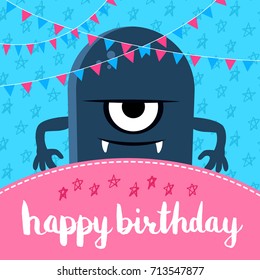 Vector happy birthday banner and poster illustration with cute cartoon monster and garlands with lettering on stars background illustration