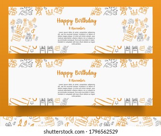 Juego de banners de cumpleaños feliz para vectores. Antecedentes con el dibujo de un doodle con un lugar para su texto o logotipo. Invitación a la fiesta.
