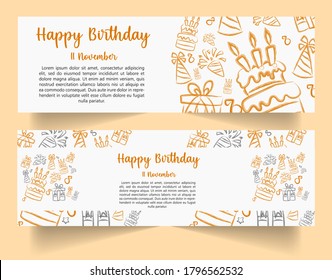 Juego de banners de cumpleaños feliz para vectores. Antecedentes con el dibujo de un doodle con un lugar para su texto o logotipo. Invitación a la fiesta.