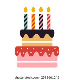 Vector happy birthday cake with candles. Cute festive sweet in flat design. Childish celebration sweet food clipart.