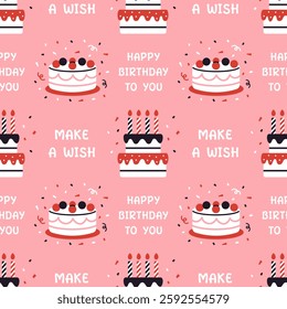 Vector happy birthday cakes seamless pattern. Cute festive sweets and happy birthday text in flat design. Childish celebration sweet food pattern on pink background. Birthday gift wrapping design.