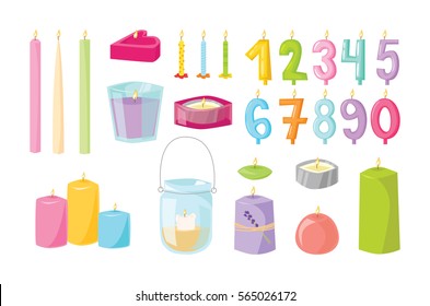 Vector happy birthday candle and age numbers colorful cute cartoon style vector isolated on white. Different candlelight and party design elements