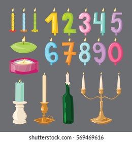 Vector happy birthday candle and age numbers colorful cute cartoon style vector isolated on white. Different candlelight and party design elements