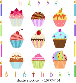 Vector of Happy Birthday Candles, sweet Cupcake with different toppings. A set of cute and colorful icon collection isolated on white background