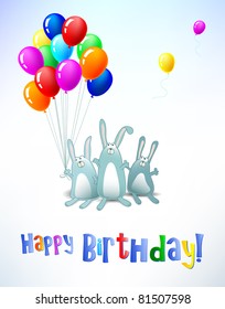 Vector Happy Birthday card with balloons and rabbits