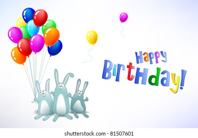Vector Happy Birthday card with balloons and rabbits