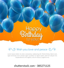 Vector Happy Birthday Card With Blue Balloons Confetti, Party Greeting Invitation Background