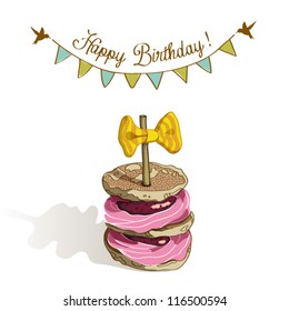 Vector happy birthday card with cake. vector illustration