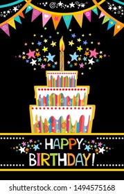 Vector happy birthday card. Birthday cake. Celebration black background with candle, Birthday cake, stars, garland and place for your text. Vector Illustration