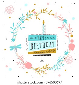 Vector happy birthday card. Birthday cake. Vector Illustration