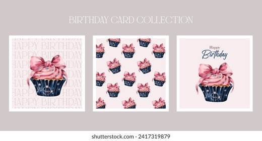 Vector Happy Birthday card collection. Napkins design for party decor. Birthday greeting. Watercolour cupcake