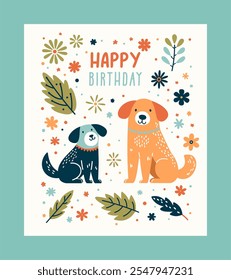 Vector Happy Birthday Card with Cute Dogs and Floral Elements