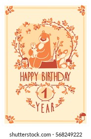 Vector Happy Birthday card with cute rabbit, bird, hedgehog, mouse, fox and bear. Birthday greeting card design. Can be used also as background, poster, banner, cover, and more