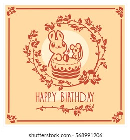Vector Happy Birthday card with cute rabbit, mouse and cake. Birthday greeting card design. Can be used also as background, poster, banner, cover, and more