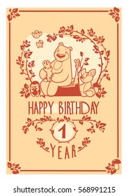 Vector Happy Birthday card with cute rabbit, bird, hedgehog, mouse, fox and bear. Birthday greeting card design. Can be used also as background, poster, banner, cover, and more