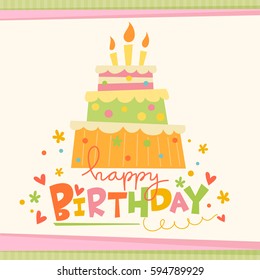 Vector Happy Birthday card with cute cake. Card with sweets.